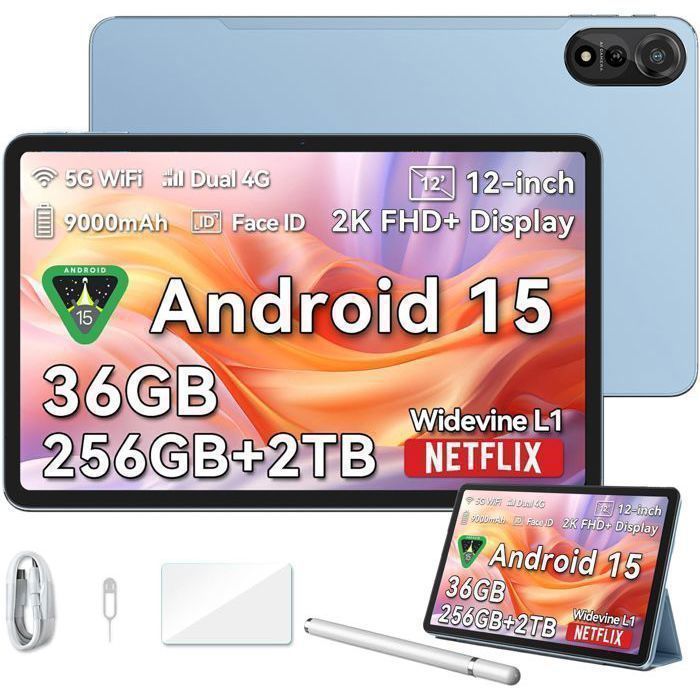 Blackview MEGA2 Tablette 12 Pouces avec StyletAndroid 1536Go RAM (12+24) 256Go ROM9000mAh5G WiFiGemini AIWidevine L1，Face ID