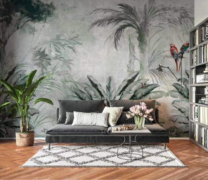 Papier Peint Panoramique 3D Nordic tropical plantes feuilles fond d ...