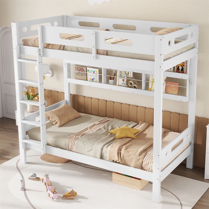 Lit superposé enfant 90 x 200 cm blanc – pin + MDF étagères latérales réglables barrière anti-chute échelle 5 marches