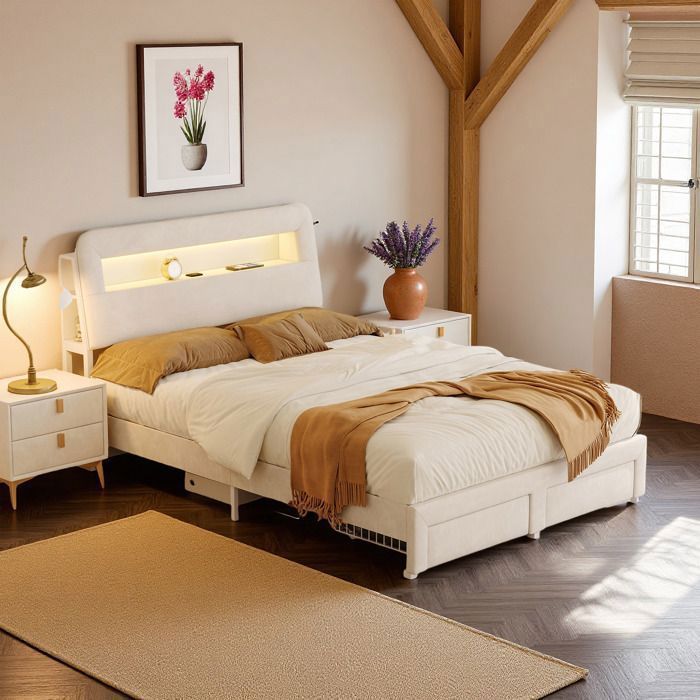 Lit 140x200 cm velours beige avec LED intégrée port USB 2 tiroirs et sommier – design moderne