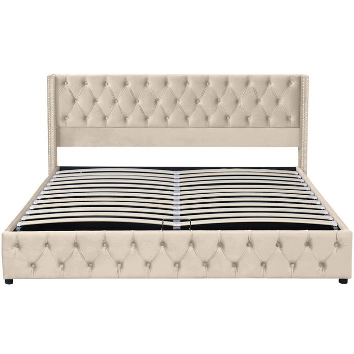 Lit coffre rembourré 160x200 velours beige - tête oreille sommier inclus double rangée de rivets capacité 300 kg