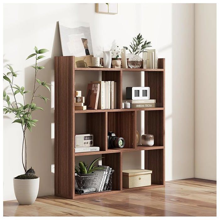 GIANTEX Bibliothèque à 7 Cubes - Patins Antidérapants - 80x20x90cm - Dispositifs Anti-Basculement - Salon Cuisine - Noyer