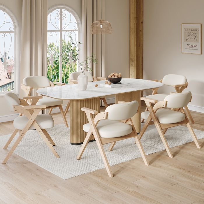 Lot de 6 chaises de salle à manger - Pliable - Coussin en lin - Structure en bois massif - Beige