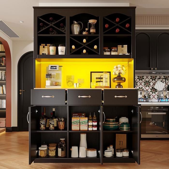 Buffet cuisine haut avec 3 portes meuble de rangement 120 × 40 × 180 cm avec 3 tiroirs et éclairage led intelligent noir Buffet cuisine haut avec 3 portes meuble de rangement 120 × 40 × 180 cm avec 3 tiroirs et éclairage led intelligent noir