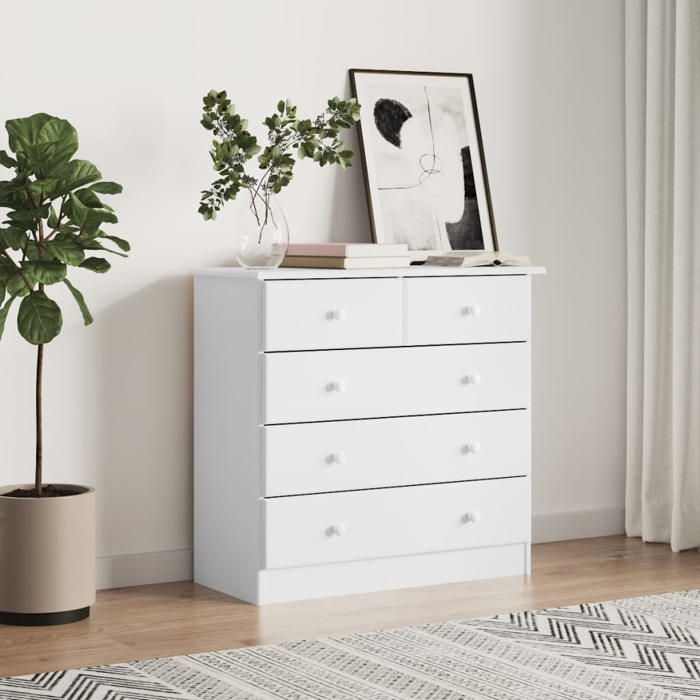 Commode en bois massif - vidaXL - 77x35x73 cm - Blanc - Bois de pin - 5 tiroirs - Boutons en bois - Facile à nettoyer