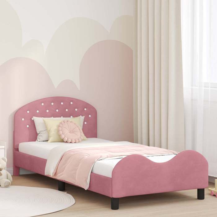 Lit enfant avec tête de lit - UU - 80x200 cm - Rose - Velours - Bois dingénierie - Design bas - Poches de rangement