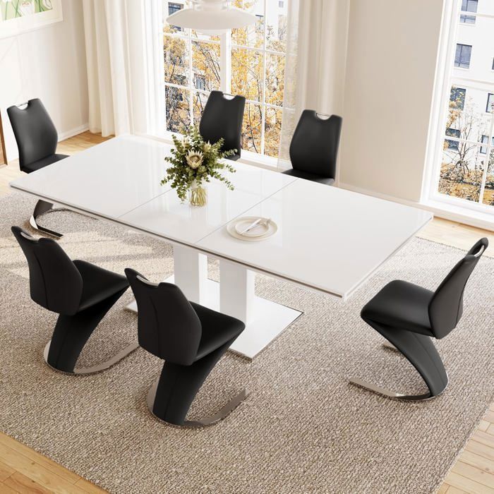 JIEXI Table de cuisine moderne et 6 chaises en cuir PU ensemble Mermaid Design pour la maison (1 table à manger + 6 chaises noires)