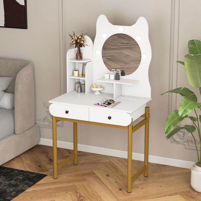 Coiffeuse en Forme de Chat avec Miroir LED COSTWAY Luminosité Réglable Station de Charge Étagères Ouvertes 2 Tiroirs Blanc