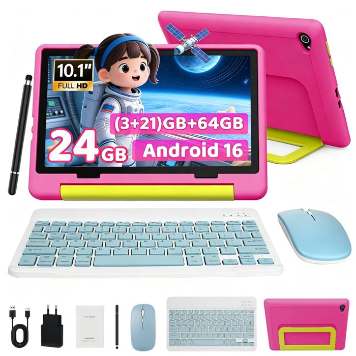 Tablette Enfant 10 avec Kit Clavier Souris Stylet et Étui Octa-core 20(3+17)Go RAM+64Go Contrôle Parental WiFi 6 Rose
