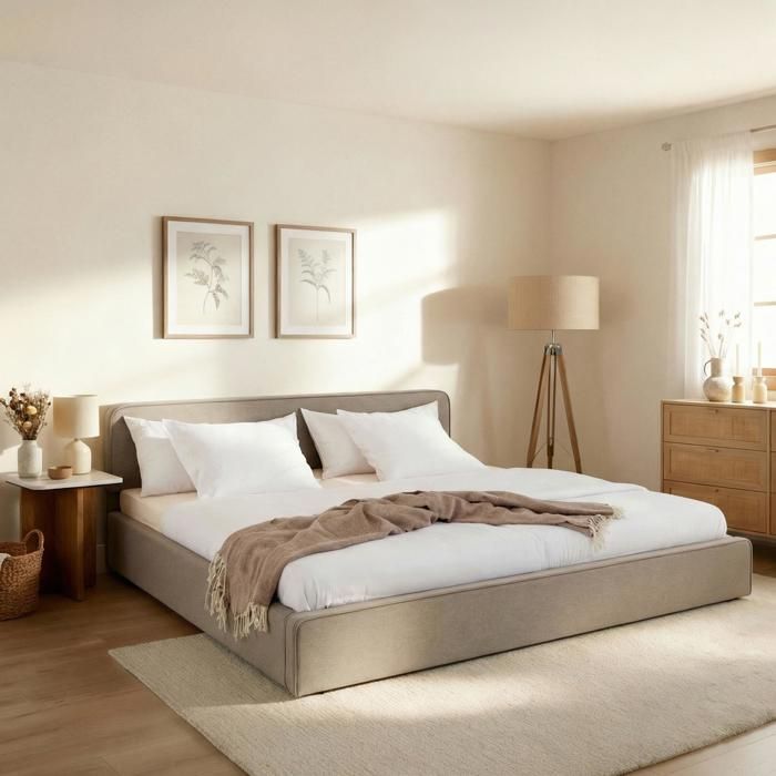 Lit Double LATINI 180x200 en Tissu Grège Lit King Size 2 Personnes avec Sommier à Lattes Inclus Design Moderne