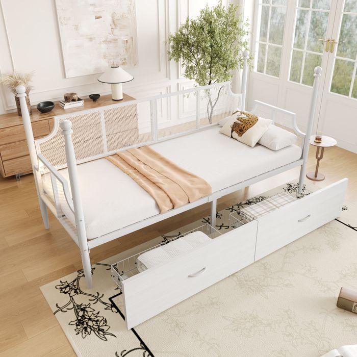 Lit Banquette Simple 90×200 cm 2 Tiroirs Dossier Grillage et Accoudoirs - MEUNIQ - Sans Matelas Métal Blanc