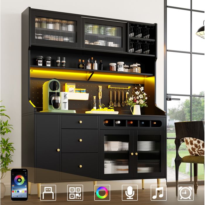 Colonne de cuisine 1 tiroir LED 3 étagères réglables portes coulissantes en verre - YEAVIO - Noir 145×39×171 cm