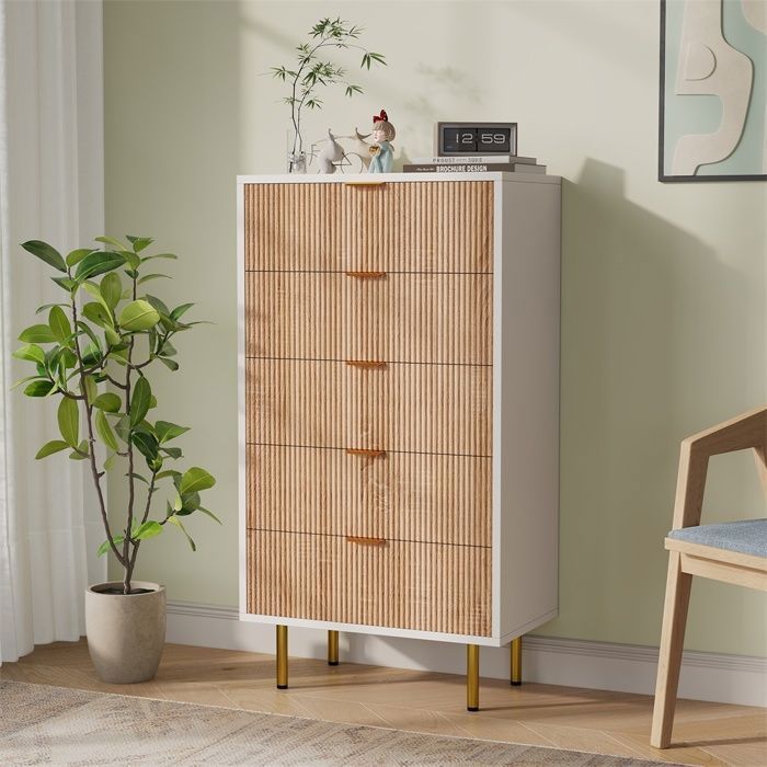 Commode de chambre chiffonnier 5 tiroirs  - meuble à tiroirs de rangement - avec des pieds de support dorés Blanc et Bois