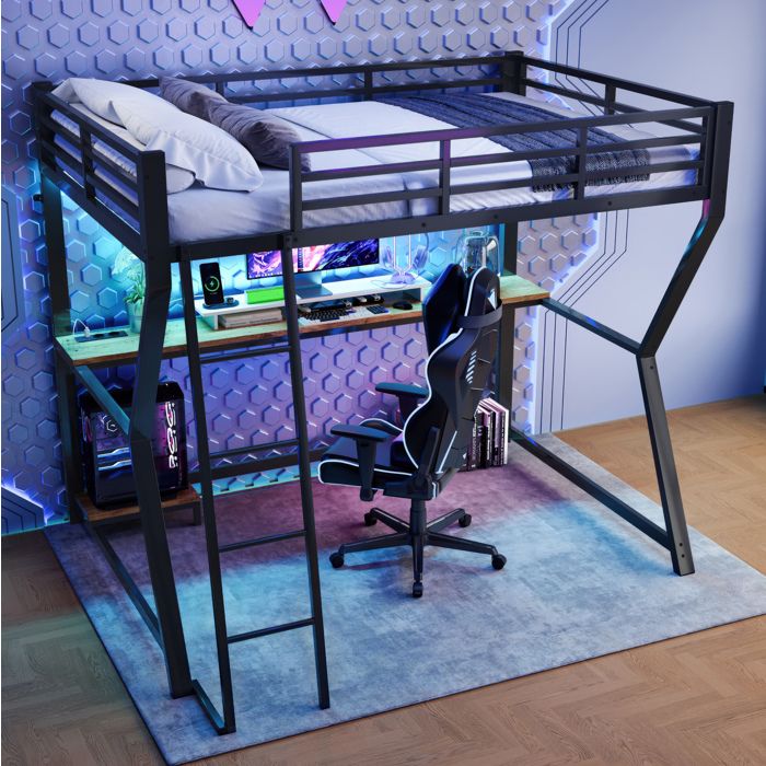 Lit mezzanine 1 place 90 × 200 cm avec Bureau LED Prise et USB sans matelas Métal Noir - UVRION