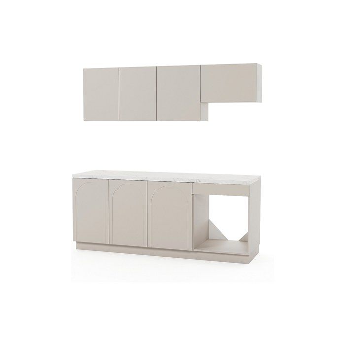 Cuisine complète - Avec plan de travail 200 cm - Beige et effet marbre blanc - NALYRA Cuisine complète - Avec plan de travail 200 cm - Beige et effet marbre blanc - NALYRA