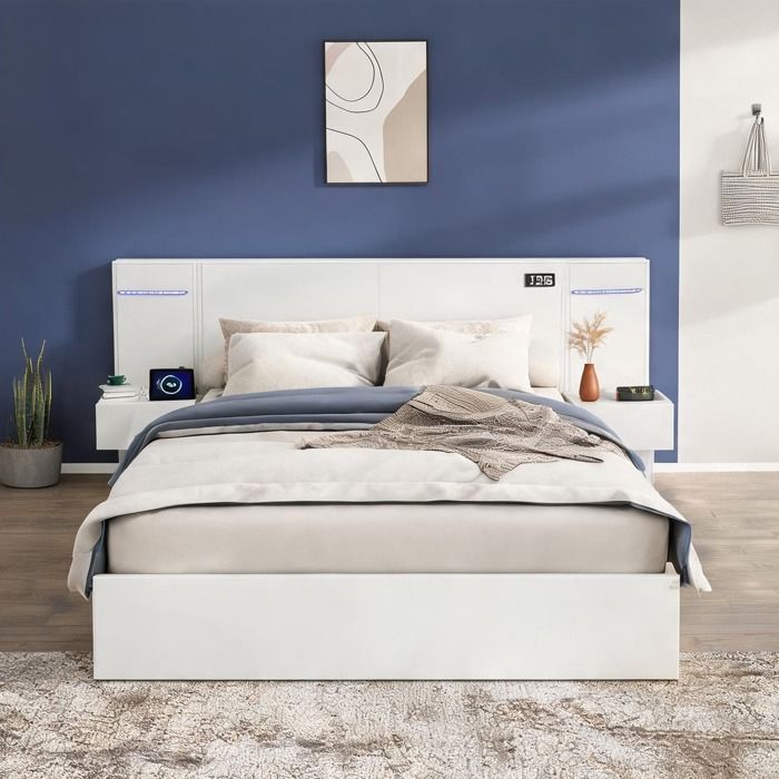 Lit double 160x200 cm en MDF soft white avec USB enceinte Bluetooth et éclairage LED