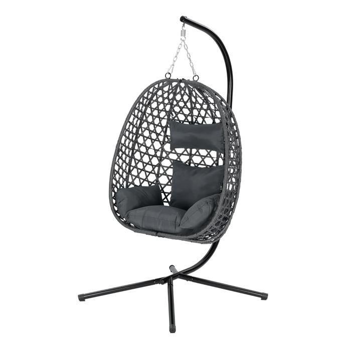Fauteuil suspendu oeuf avec support - rotin PE - hauteur reglable - 150 kg - gris fonce