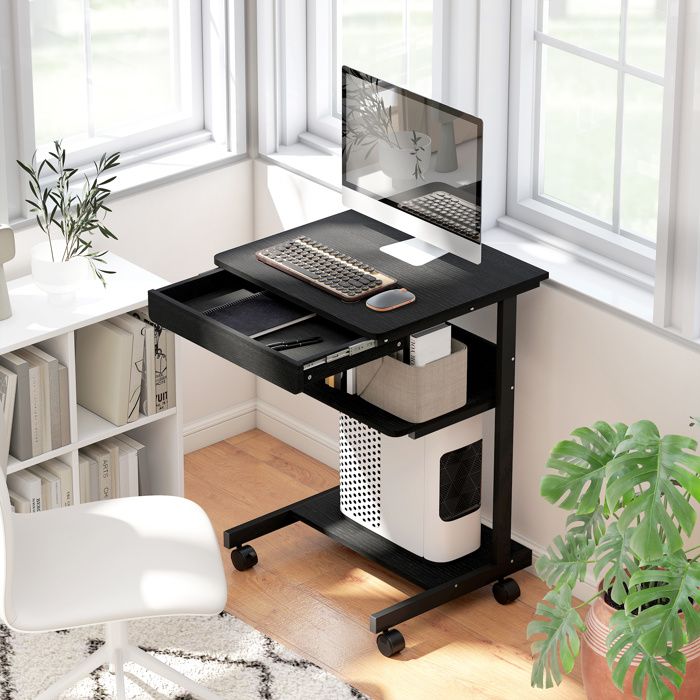 Bureau PC 56 x 51 x 79 cm noir bois et métal tiroir coulissant 2 étagères et 4 roulettes