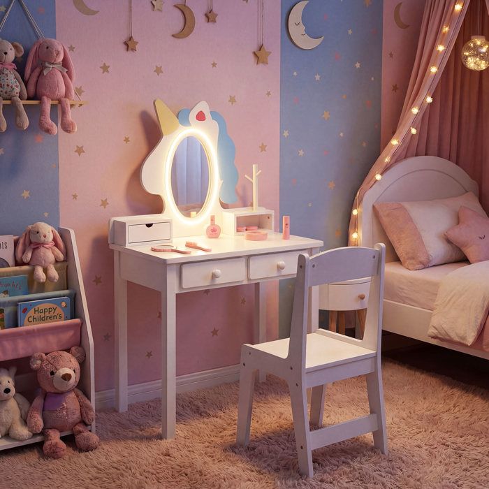Coiffeuse Enfant 2 en 1 avec Miroir LED-COSTWAY-avec Tabouret 3 tiroirs Porte-Bijoux Hème Licorne 59 x 35 x 103 5CM Blanc Coiffeuse Enfant 2 en 1 avec Miroir LED-COSTWAY-avec Tabouret 3 tiroirs Porte-Bijoux Hème Licorne 59 x 35 x 103 5CM Blanc