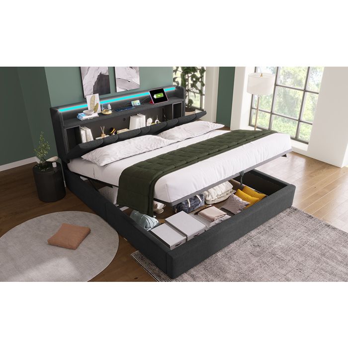 Lit double 160x200cm avec USB rangement LED sommier en bois gris (sans matelas)