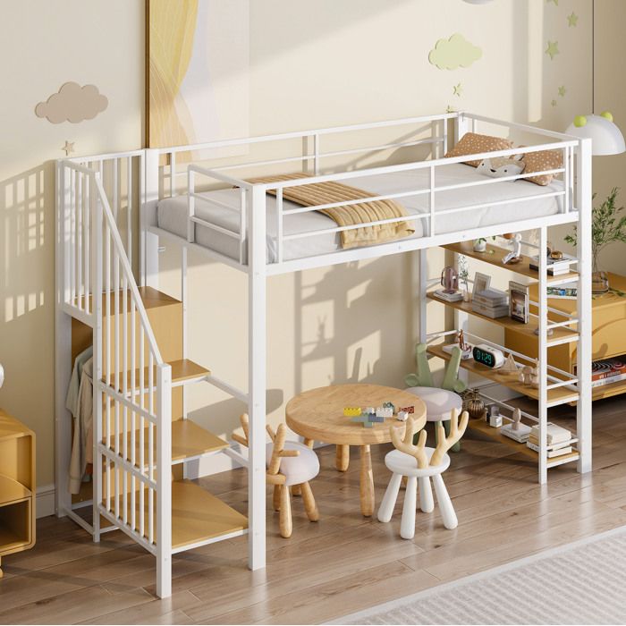 ROVRYN Lit mezzanine 90 x 200 cm avec escalier de rangement penderie étagères métal MDF blanc