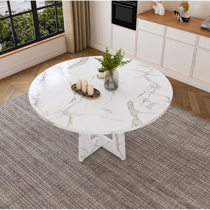 COVREO table a manger ronde 120 cm decor marbre blanc MDF 4 a 6 personnes