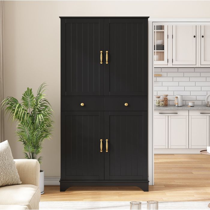 Colonne de cuisine 4 Portes 2 Tiroirs Étagère Réglable et Coulissante - YEAVIO - MDF Noir pour Cuisine 77×40×181 cm