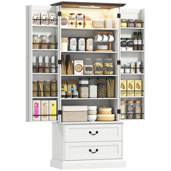 Buffet haut cuisine - MINIMAL - 76x39 5x183 cm - Éclairage LED capteur - 2 portes & tiroirs - Sécurités anti-basculement Buffet haut cuisine - MINIMAL - 76x39 5x183 cm - Éclairage LED capteur - 2 portes & tiroirs - Sécurités anti-basculement