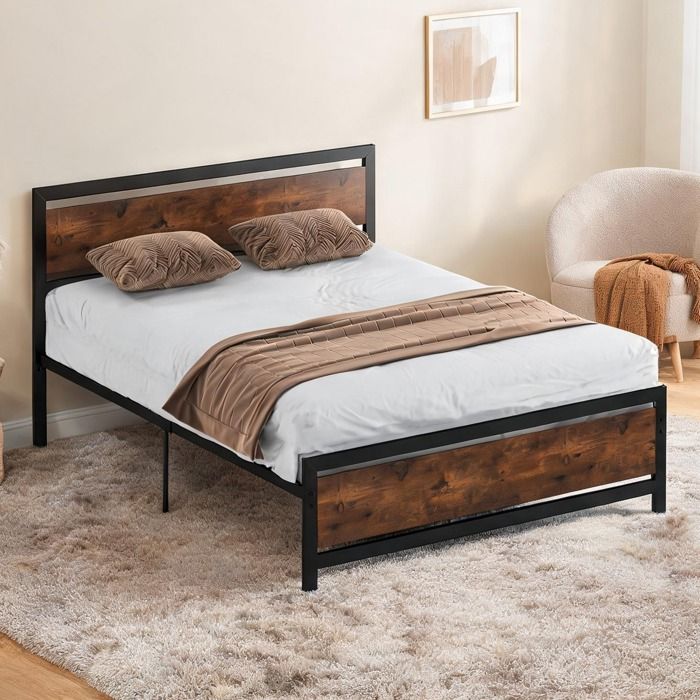 Lit double industriel 200x160 cm en acier noir et MDF aspect bois foncé