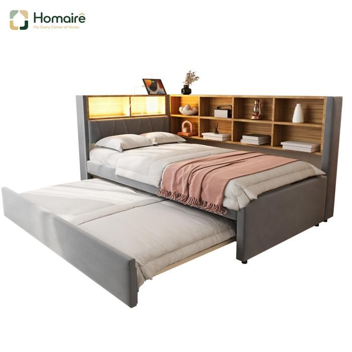 Canapé-lit 90x200cm avec lumières LED ports de charge USB Type-C rangement et tissu flanelle HOMAIRE