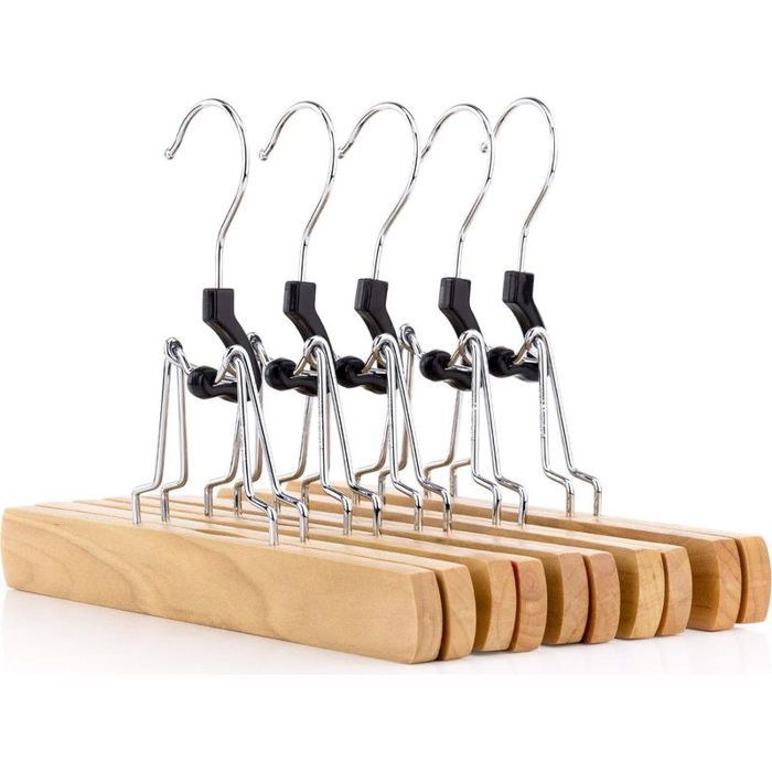 Cintres Bois - 25 Cm - Avec Pinces Feutre Rouge - Pour Pantalons Jupes Enfants - Lot De 12