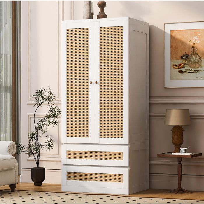 Armoire de chambre – 2 portes battantes 2 tiroirs aspect rotin blanc 70 x 55 x 170 cm