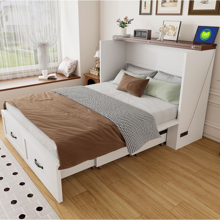 HOMVRA Lit escamotable 140 x 200 cm avec rangement prise européenne cadre en métal et bois blanc