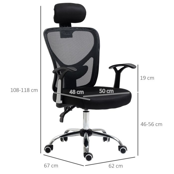Chaise de bureau pivotante hauteur réglable dossier inclinable appuie‑tête support lombaire maille respirante noir