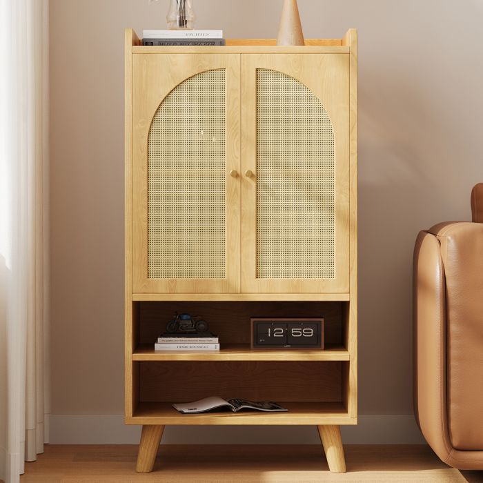 Buffet haut - ZEVKOR - 60 x 40 x 121 cm - 2 portes - 2 compartiments ouverts - Panneau de particules naturel