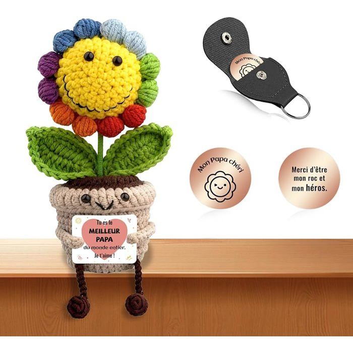 Idee Cadeau pour Papa Cadeau Anniversaire Positive Tournesol au Crochet Soutien Emotionnel avec Porte clés Decor COFFRET THEMATIQUE