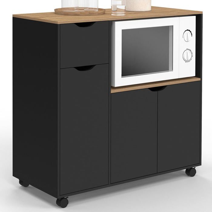 IDMarket Desserte micro-onde COSI XXL Noir et bois 90x40x85 5 cm avec tiroir et 4 roulettes