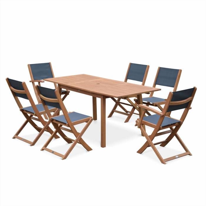 Salon de jardin en bois extensible - Almeria - Table 120/180cm avec rallonge. 2 fauteuils et 4 chaises. en bois d'Eucalyptus huilé