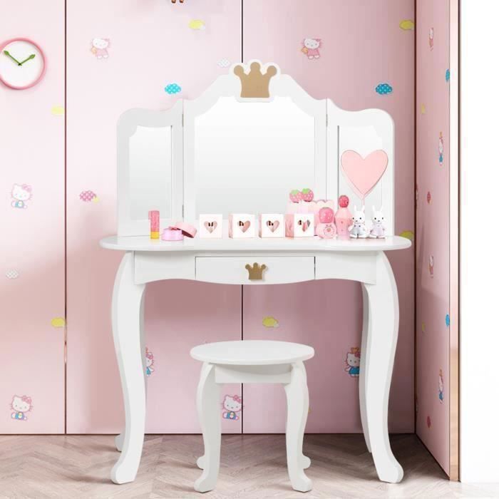 COSTWAY Coiffeuse pour Enfants avec Miroir à Trois Volets Dessus amovible Tabouret Inclus Jeu de Simulation pour Filles COSTWAY Coiffeuse pour Enfants avec Miroir à Trois Volets Dessus amovible Tabouret Inclus Jeu de Simulation pour Filles