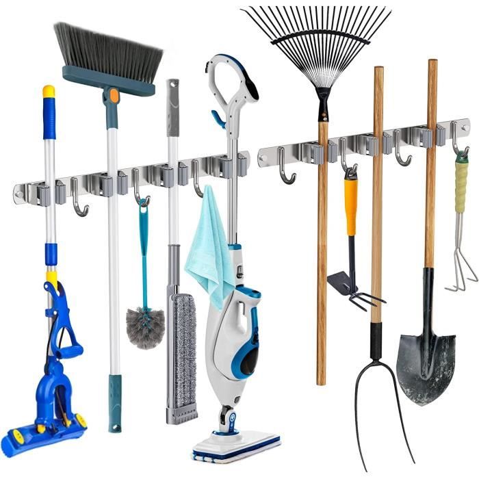 Support Mural Triple Pour Balais PARENCE - 3 Emplacements + 2 Crochets, Largeur 37 Cm - À Visser, Rangement Buanderie/garage