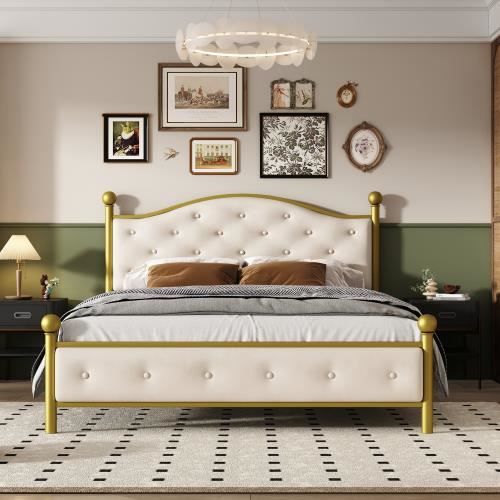 moderne lit double en métal, cadres de lit à lattes avec tête de lit, lit de jeunesse pour chambre, chambre d'amis, 140x200 cm, doré