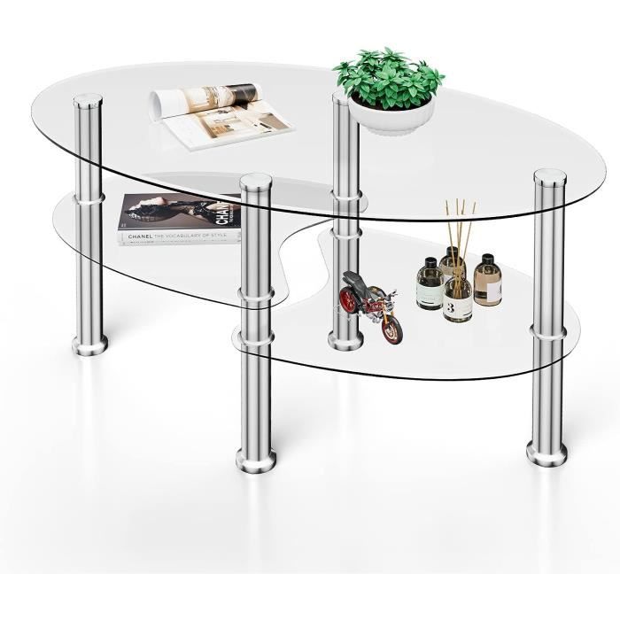 Table Basse Ovale En Verre Trempé Avec Structure En Métal3 Étages