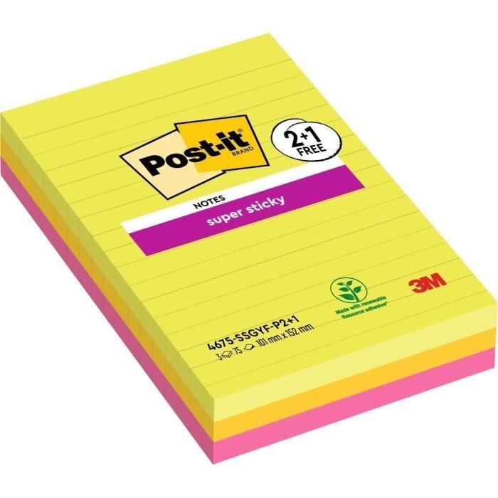 Notes Super Sticky Grand Format, Couleurs Assorties, Lignées, 101 mm x ...