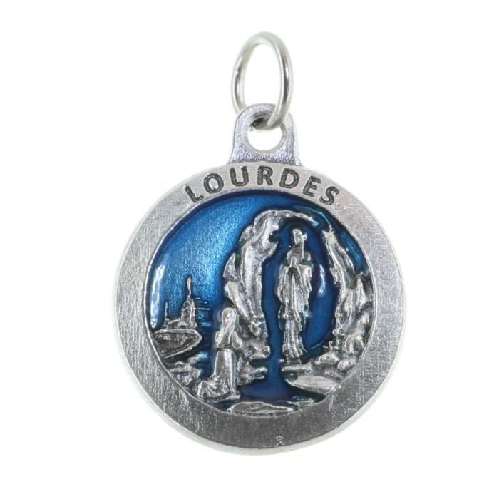 Médaille métal de lApparition de Lourdes et portrait de Bernadette.