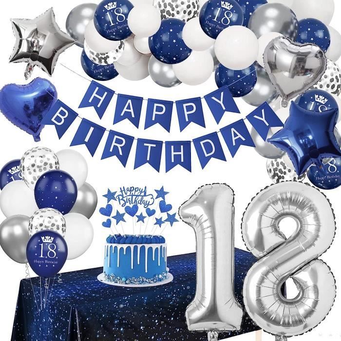 18 décorations d'anniversaire, 18 ans pour garçon, bleu marine, 18 bleu  marine argenté décoration d'anniversaire avec bannière[1415] - Cdiscount  Maison