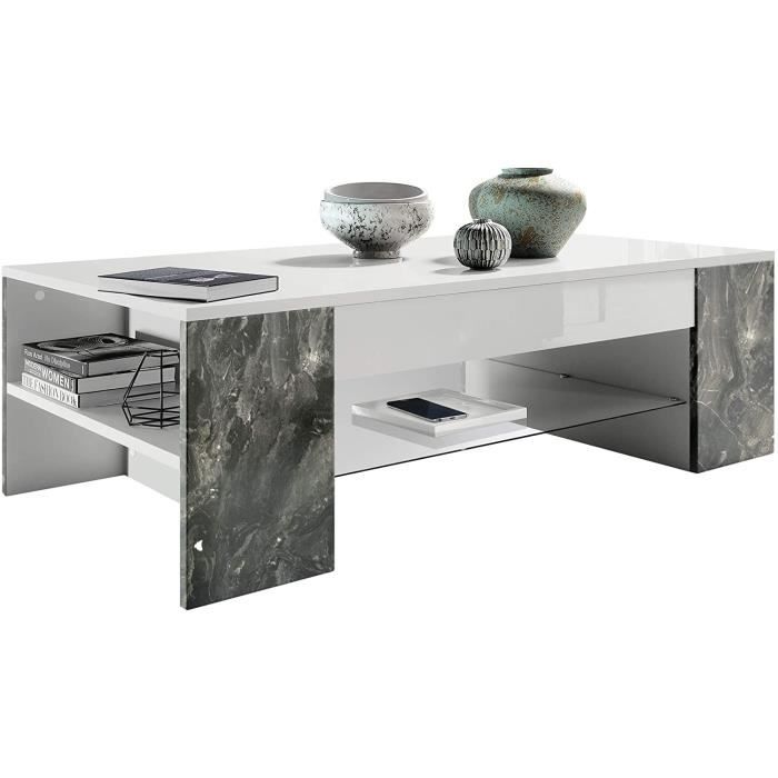 table de salon - clip - blanc - bordures en marbre graphite