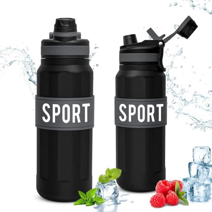 HotTopStar Gourde Isotherme 1.1L Acier Inoxydable - Bouteille Sport Sans BPA Noire Avec Paille Et Poignée