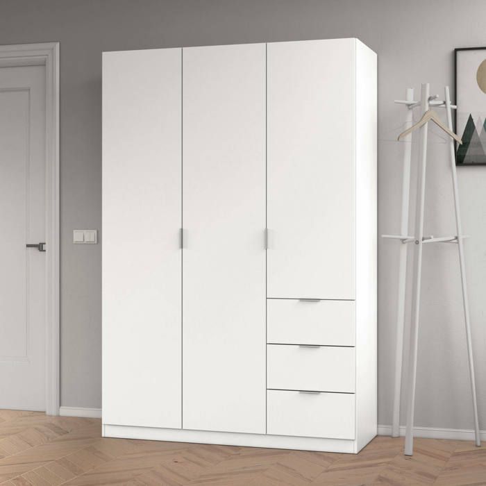 Armoire 3 Portes Et 3 Tiroirs Dmora - Dimensions 115x200x49 Cm, Couleur Blanche, Intérieur Aménagé (tringle Et étagères), En Stratifié Résistant