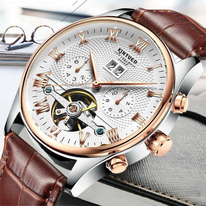 Mécanique Montre Hommes Automatique Classique Rose or Cuir Mécanique Montres-bracelets