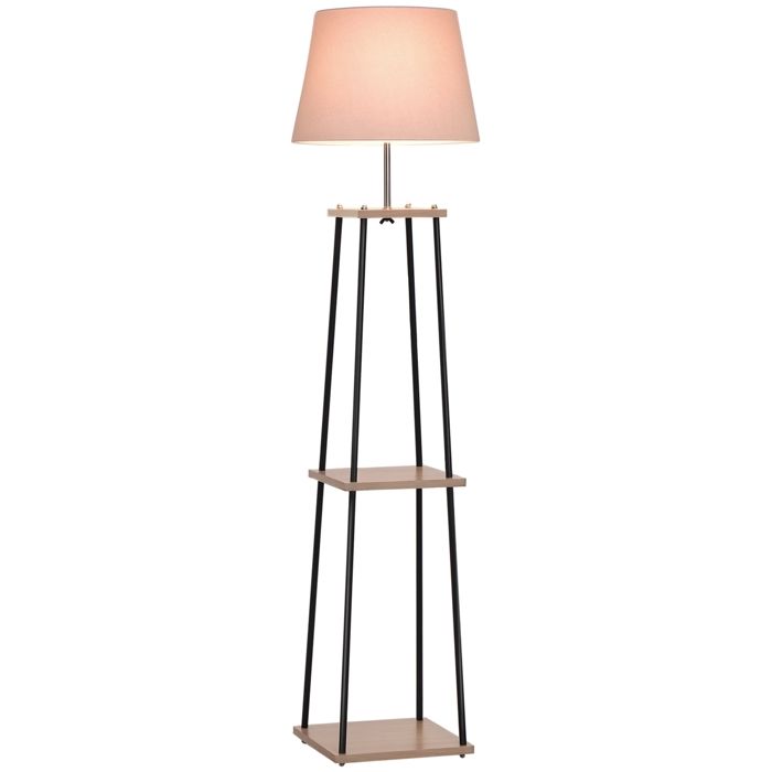 Lampadaire - HOMCOM - design contemporain 40 W max 3 étagères intégrées bois massif - bois métal - 40x40x160cm - beige